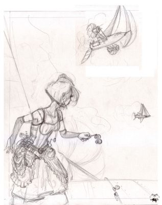 Crayonné au crayon sur papier montrant un personnage steampunk au premier plan et un aéronef à voiles en arrière-plan