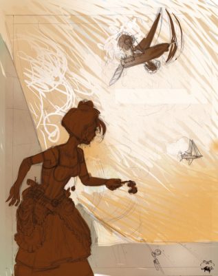 Étape 2 : teintes de base appliquées sous le crayonné numérisé, avec le personnage steampunk au premier plan et les aéronefs en arrière-plan