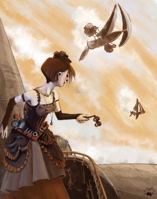 Étape 6 : illustration quasi finalisée avec un cockpit ajouté sur l'aéronef pour créer un lien entre le personnage et le décor