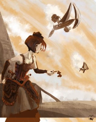 Étape 3 : premier plan agrandi pour donner plus d'importance au personnage steampunk au premier plan face aux aéronefs à voiles
