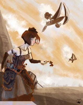 Étape 4 : contre-lumière ajoutée dans l'ombre du personnage steampunk au premier plan, avec aéronefs à voiles en arrière-plan