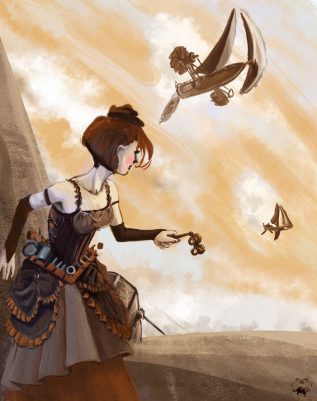Étape 5 : personnage steampunk au premier plan détaillé, tenant un objet, avec aéronefs à voiles dans un ciel ocre