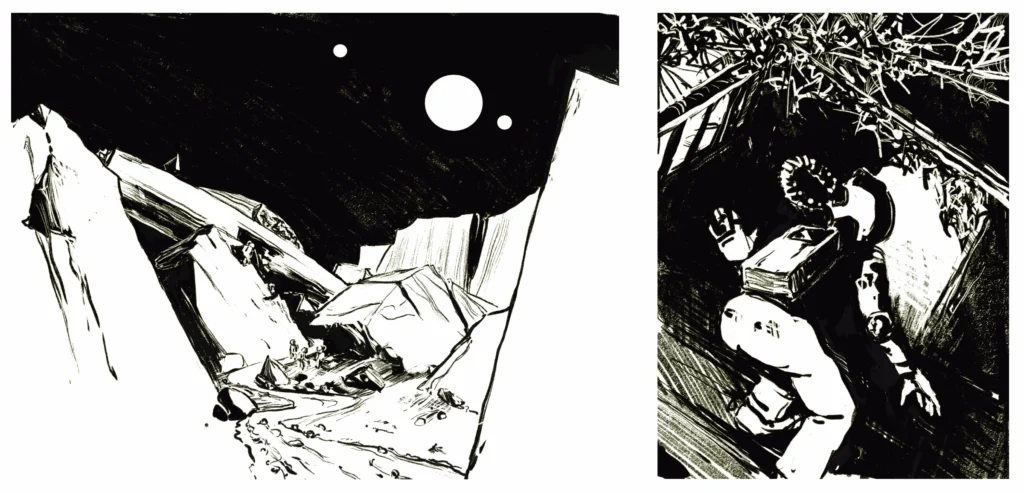 Strip BD en 2cases. La première présente les lieux du crash d'une navette spatiale. Des astronautes s'affairent autour de l’épave. Dans la seconde, nous voyons l'un d'eux s'aventurer à l'intérieur.