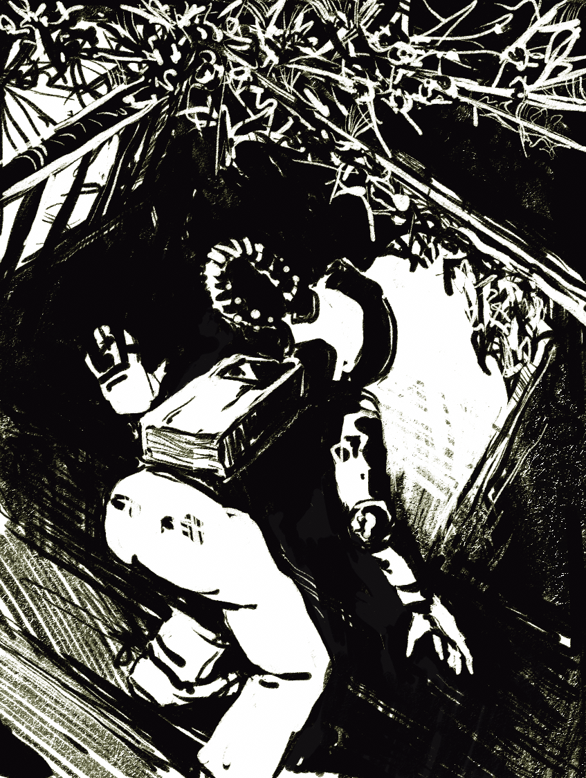 Illustration en noir et blanc d'un astronaute en combinaison spatiale progressant sous un couvert végétal dense et sombre