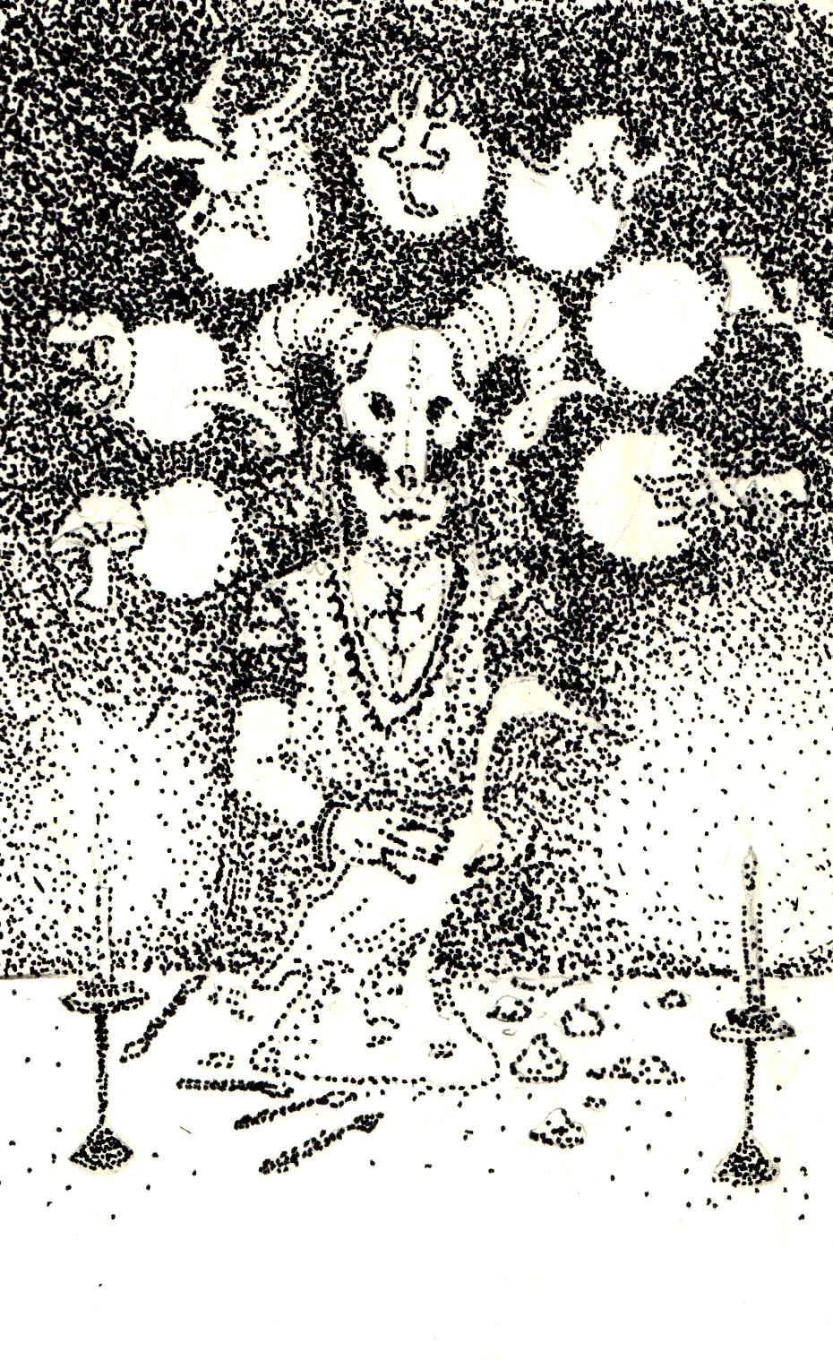 Illustration en pointillisme noir et blanc représentant un personnage orné d'un crâne de bouc, entourée de formes spectrales et de chandeliers.